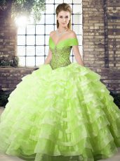 Off The Shoulder Sleeveless Organza 15th Birthday Dress Beading and Ruffled Layers Brush Train Lace Up