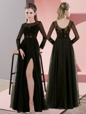 Ideal Olive Green Chiffon Zipper Scoop Long Sleeves Floor Length Dama Dress Lace