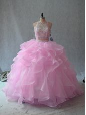 Custom Fit Pink Scoop Neckline Beading and Ruffles Vestidos de Quinceanera Sleeveless Backless