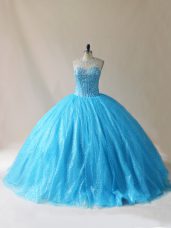 Gorgeous Floor Length Baby Blue Sweet 16 Dresses Scoop Sleeveless Court Train Lace Up