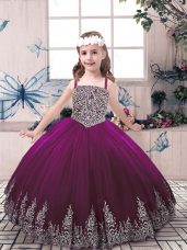 Eggplant Purple Tulle Lace Up Straps Sleeveless Floor Length Little Girls Pageant Gowns Beading and Embroidery