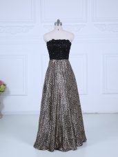 Strapless Long Sleeves Prom Evening Gown Floor Length Lace Black Printed