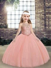 Floor Length Lace Up Little Girl Pageant Gowns Peach for Party and Wedding Party with Beading