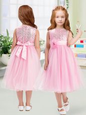 Chic Tea Length Rose Pink Flower Girl Dress Scoop Sleeveless Zipper