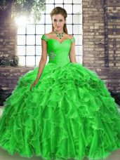 High End Brush Train Ball Gowns Quinceanera Gown Green Off The Shoulder Organza Sleeveless Lace Up