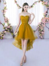 Comfortable Brown Tulle Lace Up Dama Dress for Quinceanera Sleeveless High Low Lace