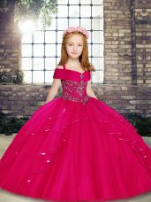 Floor Length Lace Up Little Girl Pageant Dress Fuchsia for Party and Sweet 16 and Wedding Party with Beading