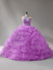 Designer Lilac Organza Lace Up 15 Quinceanera Dress Sleeveless Court Train Beading and Pick Ups