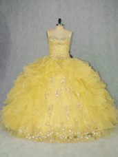 Best Selling Sweetheart Sleeveless Sweet 16 Dress Floor Length Appliques and Ruffles Yellow Organza