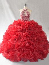 Gorgeous Red Halter Top Lace Up Beading and Ruffles Quinceanera Dress Brush Train Sleeveless