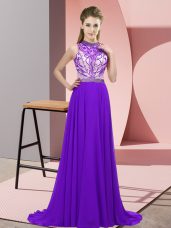 Purple Evening Dress Prom and Party with Beading Halter Top Sleeveless Brush Train Backless