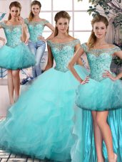 Aqua Blue Tulle Lace Up Off The Shoulder Sleeveless Floor Length Quinceanera Dress Beading and Ruffles