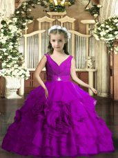 Floor Length Purple Kids Formal Wear Organza Sleeveless Beading and Ruching