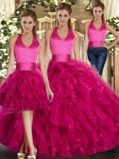Fuchsia Sleeveless Floor Length Ruffles Lace Up Vestidos de Quinceanera