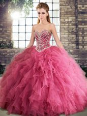 Custom Fit Beading and Ruffles Quinceanera Dress Watermelon Red Lace Up Sleeveless Floor Length