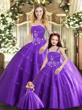 Delicate Floor Length Purple Quince Ball Gowns Tulle Sleeveless Beading