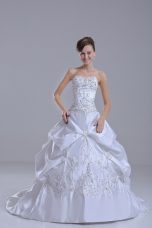 Custom Made White Wedding Gown Wedding Party with Beading and Pick Ups Sweetheart Sleeveless Brush Train Lace Up