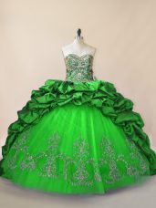 Chic Sweetheart Sleeveless Ball Gown Prom Dress Brush Train Beading and Pick Ups Green Taffeta and Tulle
