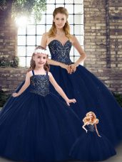 Luxury Sweetheart Sleeveless Lace Up Quinceanera Gowns Navy Blue Tulle