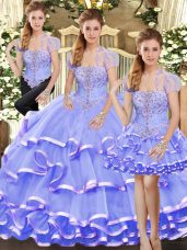Fabulous Lavender Organza Lace Up 15th Birthday Dress Sleeveless Floor Length Beading and Ruffled Layers