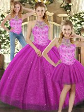 Flirting Floor Length Three Pieces Sleeveless Fuchsia 15th Birthday Dress Lace Up