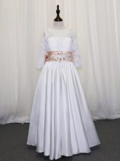 Artistic White Scoop Neckline Lace and Bowknot Flower Girl Dresses Half Sleeves Lace Up