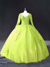 Yellow Green Long Sleeves Lace and Appliques Floor Length Quinceanera Gown