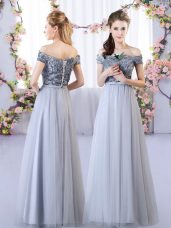 Elegant Off The Shoulder Sleeveless Lace Up Dama Dress Grey Tulle