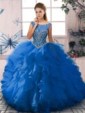 Blue Ball Gowns Beading and Ruffles Quinceanera Dresses Zipper Organza Sleeveless Floor Length