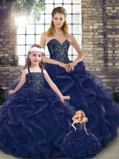 Tulle Sweetheart Sleeveless Lace Up Beading and Ruffles Quinceanera Dresses in Navy Blue