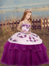 Fuchsia Sleeveless Floor Length Embroidery Side Zipper Kids Formal Wear