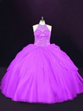 Purple Tulle Lace Up Ball Gown Prom Dress Sleeveless Beading