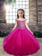 Fuchsia Lace Up Child Pageant Dress Beading Sleeveless Floor Length