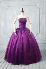 Delicate Purple Lace Up Strapless Beading 15th Birthday Dress Organza Sleeveless