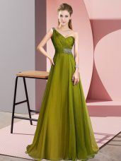 Stylish Sleeveless Chiffon Brush Train Criss Cross Prom Evening Gown in Olive Green with Beading