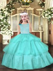 Aqua Blue Ball Gowns Scoop Sleeveless Organza Floor Length Zipper Beading Kids Formal Wear