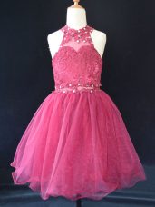 Hot Pink Halter Top Neckline Beading and Lace Little Girls Pageant Dress Sleeveless Lace Up