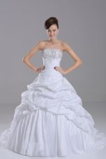 Hot Selling Beading and Pick Ups Wedding Dress White Lace Up Sleeveless Brush Train