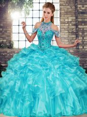 Flirting Aqua Blue Sweet 16 Dresses Military Ball and Sweet 16 and Quinceanera with Beading and Ruffles Halter Top Sleeveless Lace Up