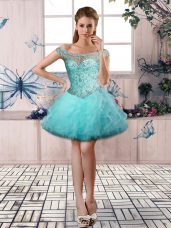 Stylish Aqua Blue Ball Gowns Tulle Off The Shoulder Sleeveless Beading and Ruffles Mini Length Lace Up Winning Pageant Gowns