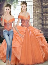 Graceful Off The Shoulder Sleeveless Quinceanera Gowns Floor Length Beading and Ruffles Orange Organza