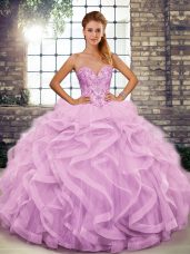 Designer Sleeveless Tulle Floor Length Lace Up Quinceanera Gown in Lilac with Beading and Ruffles