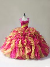 Multi-color Sleeveless Floor Length Beading and Ruffles Zipper Sweet 16 Dresses