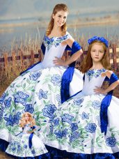 Blue And White Sweet 16 Dress Sweet 16 and Quinceanera with Embroidery and Ruffles Off The Shoulder Sleeveless Lace Up