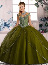 Best Lace Up Sweet 16 Dresses Olive Green for Sweet 16 and Quinceanera with Beading Brush Train