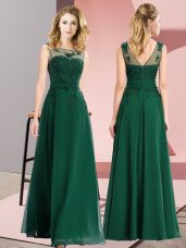 Floor Length Dark Green Wedding Guest Dresses Chiffon Sleeveless Beading and Appliques