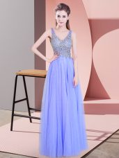 Delicate Lavender Sleeveless Floor Length Beading Zipper Prom Evening Gown