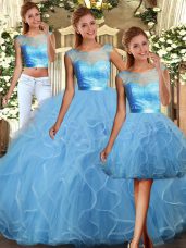 Super Baby Blue Scoop Neckline Lace and Ruffles Quinceanera Dress Sleeveless Backless