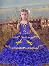Amazing Organza Straps Sleeveless Lace Up Beading and Embroidery and Ruffled Layers Girls Pageant Dresses in Blue