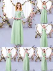 Affordable Apple Green Side Zipper Off The Shoulder Lace and Belt Dama Dress Tulle Half Sleeves